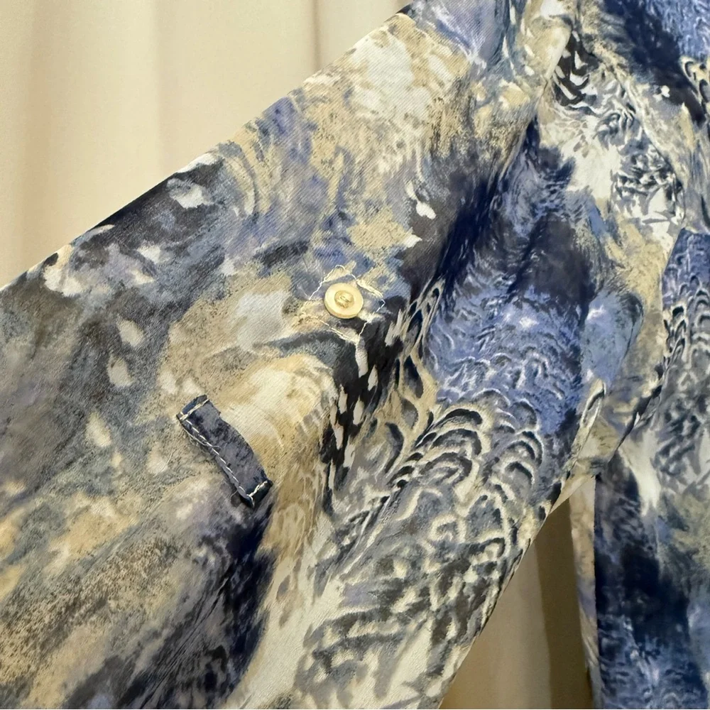 Free People Boho Sheer Abstract Print Georgette Button Blue Long Sleeve Shirt